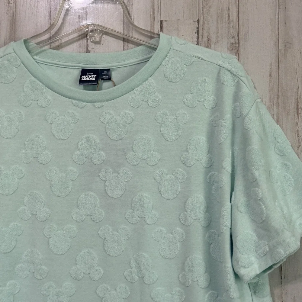Disney Mickey Mouse Womens Tee Shirt L Embossed Mint Green Short Sleeve NEW